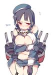  black_gloves black_hair blush breasts garter_straps gloves hat kantai_collection large_breasts looking_at_viewer red_eyes short_hair simple_background solo takao_(kantai_collection) taneda_yuuta torn_clothes white_background 