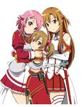  asuna_(sao) breastplate brown_eyes brown_hair detached_sleeves fingerless_gloves gloves hug kitani_sai lisbeth long_hair multiple_girls pink_eyes pink_hair red_eyes short_hair silica sword_art_online thighhighs 