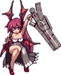  armored_core bare_legs bare_shoulders breasts cleavage dress head_wings holding karasawa_(weapon) koakuma kuresento long_hair looking_at_viewer medium_breasts one_eye_closed pixel_art pun red_eyes red_hair smile solo strapless strapless_dress touhou transparent_background weapon wings 