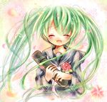  aqua_eyes bad_id bad_pixiv_id closed_eyes graduation green_hair hatsune_miku long_hair momoon_karin open_mouth petals school_uniform serafuku twintails vocaloid 