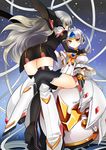  ass black_legwear boots braid code:_empress_(elsword) code:_nemesis_(elsword) dual_persona elsword eve_(elsword) expressionless forehead_jewel french_braid full_body gloves grey_hair hand_on_another's_shoulder knee_boots kokutou_mimi long_hair miniskirt multiple_girls robot short_hair sitting skirt thighhighs white_sleeves yellow_eyes 