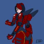  ass black_hair blush crimson_typhoon error hair_over_one_eye highres mecha_musume mechanical_arm multicolored_hair multiple_arms pacific_rim personification rakihiro red_hair robot_joints short_hair simple_background thrusters two-tone_hair yellow_eyes 