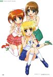  3girls absurdres bare_shoulders blonde_hair blouse blue_eyes blush boots brown_hair collarbone convenient_leg double_v fate_testarossa hair_ornament high_heels highres kneeling long_hair looking_at_viewer lyrical_nanoha mahou_shoujo_lyrical_nanoha mahou_shoujo_lyrical_nanoha_a's mahou_shoujo_lyrical_nanoha_the_movie_2nd_a's mary_janes multiple_girls official_art okuda_yasuhiro purple_eyes red_eyes red_hair ribbon shoes short_hair sitting skirt smile socks takamachi_nanoha thigh_ribbon thighhighs twintails v x_hair_ornament yagami_hayate zettai_ryouiki 