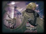  belt blonde_hair blue_eyes boots castlevania castlevania:_lament_of_innocence coat dragonrose elbow_gloves fingerless_gloves forest full_moon gloves hood hood_down leon_belmondo male_focus moon moonlight nature night solo surcoat whip 