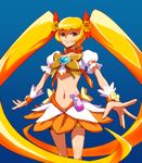  blonde_hair blue_background bow choker cure_sunshine hair_ribbon heart heartcatch_precure! highres long_hair looking_at_viewer magical_girl midriff myoudouin_itsuki navel orange_bow orange_choker orange_skirt precure ribbon simple_background skirt smile solo twintails uganda very_long_hair yellow_bow yellow_eyes 