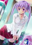  black_legwear bra flower hydrangea long_sleeves original plaid plaid_skirt purple_bra purple_eyes purple_hair rain school_uniform see-through skirt solo striped striped_background takanashi_haruto thighhighs twintails underwear wet wet_clothes wringing_clothes wringing_skirt 