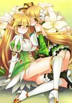  blonde_hair blush boots breasts dual_persona elf elsword flower frills full_body gloves grand_archer_(elsword) green_eyes green_sleeves hair_flower hair_ornament hairpin knee_boots kokutou_mimi large_breasts leg_between_thighs lily_(flower) long_hair multiple_girls panties pointy_ears ponytail puffy_sleeves rena_(elsword) shy side_ponytail sitting skirt striped striped_panties thigh_boots thighhighs underwear white_legwear wind_sneaker_(elsword) 