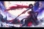  2013 beowolf black_hair boots cape cloud crescent_rose cross dated full_moon grimm inoi letterboxed moon night pantyhose petals ruby_rose rwby scythe short_hair signature skirt solo star_(sky) weapon 