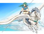  armor belt blue_legwear boots bridle dress fingerless_gloves fiora fire_emblem fire_emblem:_rekka_no_ken gloves green_eyes green_hair headband long_hair nonji_(sayglo_halo) pegasus pegasus_knight polearm riding spear stirrups thigh_boots thighhighs weapon zettai_ryouiki 