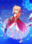 aestus_estus ahoge blonde_hair delusion_syndrome dress epaulettes fate/extra fate_(series) greaves green_eyes hair_ribbon nero_claudius_(fate) nero_claudius_(fate)_(all) pantyhose red_dress ribbon see-through solo sword weapon 