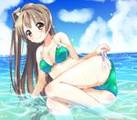  arm_support ass bad_id bad_pixiv_id beach bikini blush bow breasts brown_hair cleavage cloud day green_bikini hair_bow hair_ornament hairclip kurou_(quadruple_zero) large_breasts long_hair looking_at_viewer love_live! love_live!_school_idol_project minami_kotori ocean outdoors partially_submerged pure_girls_project sky smile solo swimsuit untied untied_bikini water wet yellow_eyes 