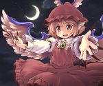  animal_ears bad_id bad_pixiv_id blush brooch crescent_moon dress fingernails hat jewelry long_fingernails moon mystia_lorelei night night_sky nise_nanatsura open_mouth outstretched_arms outstretched_hand pink_hair short_hair sky smile solo touhou winged_hat wings 