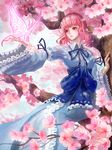  breasts bug butterfly cherry_blossoms flower highres in_tree insect japanese_clothes liku long_sleeves medium_breasts pink_eyes pink_hair ribbon saigyouji_yuyuko sash short_hair sitting sitting_in_tree smile touhou tree wide_sleeves 