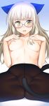  animal_ears black_legwear blonde_hair blush breasts cat_ears covering covering_crotch crotch_seam glasses highres long_hair medium_breasts military nipples no_panties pantyhose perrine_h_clostermann solo spread_legs strike_witches suzume_inui tail topless underwear world_witches_series yellow_eyes 