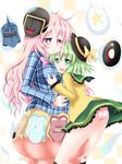  black_hole_(kinnikuman) checkered checkered_shirt green_eyes green_hair hat hat_ribbon hata_no_kokoro highres hug kanarai_taru kinnikuman komeiji_koishi long_hair mask multiple_girls panties pantyshot pendragon_(kinnikuman) pink_eyes pink_hair pink_panties ribbon robin_mask shirt touhou underwear warsman 