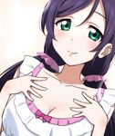  bad_id bad_pixiv_id bow breasts cleavage collarbone dutch_angle green_eyes hair_between_eyes hands_on_own_chest ikari_manatsu long_hair looking_at_viewer love_live! love_live!_school_idol_project medium_breasts pink_scrunchie purple_hair scrunchie smile solo toujou_nozomi twintails upper_body 