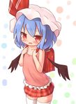  alternate_costume backpack bag bat_wings blue_hair blush collarbone fang hat hat_ribbon kisa_(k_isa) looking_at_viewer mob_cap open_mouth randoseru red_eyes remilia_scarlet ribbon shirt skirt sleeveless sleeveless_shirt solo thighhighs touhou white_legwear wings younger zettai_ryouiki 