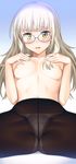  black_legwear blush breasts crotch_seam glasses highres long_hair looking_at_viewer navel nipples panties panties_under_pantyhose pantyhose perrine_h_clostermann small_breasts solo spread_legs strike_witches suzume_inui topless underwear white_panties world_witches_series 