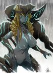  blonde_hair blue_eyes breasts drill_hair garayann horns kaijuu large_breasts monster_girl navel neon_trim no_nipples nude pacific_rim personification rain scunner solo vambraces 
