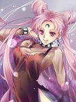  akira_shun bishoujo_senshi_sailor_moon black_lady chibi_usa covered_navel crescent crystal_earrings double_bun dress earrings facial_mark forehead_mark grey_background jewelry long_hair older pink_hair red_eyes see-through smile solo twintails 