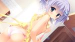  amairo_islenauts apron ass blue_eyes blue_hair blush bow bow_panties breasts dutch_angle game_cg hair_ornament hairclip indoors kobuichi ladle looking_at_viewer nearly_naked_apron no_bra panties pink_panties shiraga_airi sideboob small_breasts solo twintails underwear 