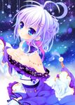  blue_eyes breasts cleavage crescent_moon detached_collar dress hair_ornament hairclip hand_on_own_chest konno_kengo long_sleeves medium_breasts moon off_shoulder original purple_hair star 