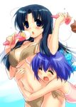  bikini black_hair blue_eyes breasts closed_eyes food hug hug_from_behind ice_cream kawana_misaki kouzuki_mio large_breasts long_hair multiple_girls one purple_hair short_hair smile swimsuit zen 