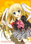  :d blonde_hair bow green_eyes iris_yayoi little_busters! long_hair open_mouth pink_bow school_uniform skirt smile tokido_saya twintails 