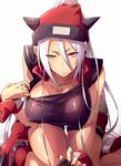  arai_nobu breasts chloe_fleurage frown hood hood_down hoodie jewelry kneeling large_breasts long_hair looking_at_viewer original ponytail red_eyes ring silver_hair simple_background solo white_background wrist_cuffs 