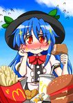  :t blue_hair blue_sky blush bow chicken_(food) cloud day dress eating flying_sweatdrops food foodgasm french_fries hamburger hand_on_own_cheek hat hinanawi_tenshi leaf long_hair looking_at_viewer mcdonald's pun red_eyes rindou_(p41neko) short_sleeves sky solo sparkle touhou wavy_mouth 