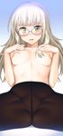  black_legwear blush breasts crotch_seam glasses highres long_hair looking_at_viewer navel no_panties pantyhose perrine_h_clostermann small_breasts solo spread_legs strike_witches suzume_inui topless world_witches_series 