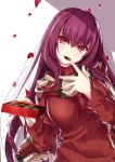  1girl bangs blush box breasts chocolate closed_mouth eyebrows_visible_through_hair fate/grand_order fate_(series) gift gift_box hair_between_eyes highres large_breasts long_hair long_sleeves looking_at_viewer mouth_hold outstretched_arm petals purple_hair red_eyes red_sweater ribbed_sweater scarf scathach_(fate)_(all) scathach_(fate/grand_order) shade solo sweater turtleneck turtleneck_sweater valentine white_background yoshida_takuma 