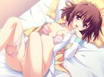  bed blush bra bra_removed breasts brown_hair censored game_cg hand_to_own_mouth jpeg_artifacts lying mosaic_censoring nipples on_back open_clothes open_mouth open_shirt panties panties_around_one_leg pink_bra pink_panties purple_eyes pussy sakura_strasse sakuranbo_strasse shirt short_hair small_breasts smile solo underwear 