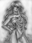  blade_of_fury breasts cleavage covering curly_hair eyelashes greyscale hand_on_hip large_breasts long_hair looking_down monochrome naked_towel original solo towel 