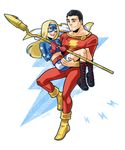  1boy 1girl belt billy_batson black_hair blonde_hair blue_eyes boots braces cape captain_marvel carrying courtney_whitmore crop_top cross-laced_footwear dc_comics domino_mask gloves lace-up_boots lightning_bolt long_hair mask midriff princess_carry sen_(pixiv111638) shazam shorts skin_tight smile staff stargirl yellow_shoes 