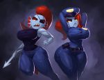  big_breasts breasts clothing deltarune duo eye_patch eyewear female hair humanoid marine melee_weapon noonun polearm police police_hat police_officer police_uniform ponytail red_hair spear thick_thighs tight_clothing undertale undyne uniform video_games weapon wide_hips 