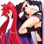  arcana_heart arcana_heart_3 arm_support ass belt boots breasts cape crop_top cutoffs denim denim_shorts detached_sleeves evil_grin evil_smile floating_hair from_side grin knee_boots large_breasts leg_up long_hair looking_afar low_twintails midriff profile red_eyes red_hair scharlachrot shadow short_shorts shorts sideboob simple_background sitting skindentation sleeves_past_wrists smile solo takashi_moritaka twintails very_long_hair white_background wind 