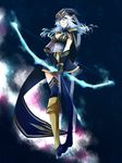  arrow ashe_(league_of_legends) blue_eyes blue_hair boots bow_(weapon) breasts cape cleavage gloves hood kazusa_(artist-k) league_of_legends long_hair medium_breasts skirt solo thighhighs weapon 