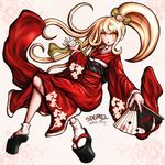  bird blonde_hair danganronpa egg eggshell fan flower folding_fan full_body hatching highres holding japanese_clothes kimono long_hair long_sleeves looking_at_viewer monokuma monomi_(danganronpa) official_style open_mouth oyume saionji_hiyoko sash side_ponytail signature super_danganronpa_2 wide_sleeves 