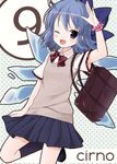  ;d ahoge alternate_costume bag blue_eyes cirno contemporary fang hair_ribbon ice ice_wings one_eye_closed open_mouth purin_jiisan ribbon school_bag school_uniform smile solo sweater_vest touhou wings wrist_cuffs 