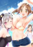  :d arm_up armpits beach bikini blush breast_pillow breast_press breasts brown_eyes brown_hair cheek-to-breast cleavage closed_eyes cloud day denim denim_shorts drill_hair groin heart highres idolmaster idolmaster_cinderella_girls imachi jewelry kanzaki_ranko large_breasts lens_flare long_hair looking_at_viewer mizumoto_yukari multiple_girls navel necklace one_eye_closed open_mouth pink_eyes shirt short_shorts shorts silver_hair sky smile swimsuit t-shirt totoki_airi twin_drills twintails unbuttoned 