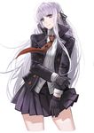  absurdres braid citemer cropped_legs danganronpa danganronpa_1 gloves hair_ribbon highres holding_arm kirigiri_kyouko long_hair necktie purple_eyes purple_hair ribbon school_uniform simple_background single_braid skirt solo white_background 