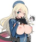  ;d atago_(kantai_collection) black_gloves black_hair blonde_hair blue_hat blush breasts gloves green_eyes hat heart kantai_collection large_breasts long_hair looking_at_viewer military military_uniform multiple_girls nipples one_eye_closed open_mouth red_eyes simple_background smile steepled_fingers takao_(kantai_collection) uniform white_background yuuhi_homare 