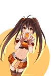  ahoge arancia bare_shoulders blush brown_hair character_name food fruit highres long_hair midriff myuto_(advent_retribution) navel orange orange_eyes orange_skirt original skirt solo twintails 