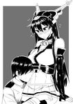  1boy 1girl bare_shoulders black_hair blush breast_suppress breasts cleavage elbow_gloves faceless faceless_male flying_sweatdrops gloves kantai_collection licking long_hair looking_down maru_(maruttona) monochrome nagato_(kantai_collection) navel open_mouth personification simple_background sitting sweatdrop tongue white_background 