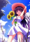  cloud day dress flower hat highres long_hair original oruna purple_eyes purple_hair sky smile solo sunflower 