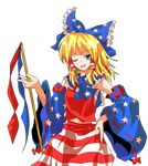  alphes_(style) alternate_color alternate_hair_color america american_miko blonde_hair blue_eyes blue_sleeves bow commentary_request detached_sleeves gohei hair_bow hakurei_reimu hand_on_hip highres looking_at_viewer midriff one_eye_closed open_mouth pandora-ex parody sarashi smile solo star style_parody touhou transparent_background 