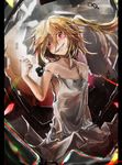  absurdres bad_id bad_pixiv_id blonde_hair border clenched_hand crushing dress flandre_scarlet grin head_tilt highres lens_flare messy_hair osama pillarboxed red_eyes short_hair side_ponytail smile solo strap_slip touhou wings 