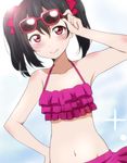  bad_id bad_pixiv_id bikini black_hair blush bow dutch_angle eyewear_on_head frilled_bikini frilled_swimsuit frills hair_bow halterneck hand_on_hip ikari_manatsu looking_at_viewer love_live! love_live!_school_idol_project navel red_eyes smile solo sunglasses swimsuit twintails yazawa_nico 