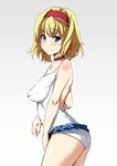  alice_margatroid alternate_costume aqua_eyes blonde_hair blush body_blush breasts choker frills gentsuki_(seiga) hairband large_breasts looking_at_viewer one-piece_swimsuit short_hair simple_background solo swimsuit touhou white_swimsuit 